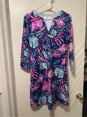 Aryeh Navy Floral V-Neck Shift Dress - Pink & Aqua Accents